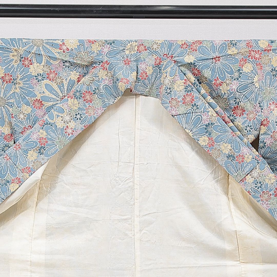 小紋 袷 身丈162cm 裄丈63cm 正絹 Aランク インフォーマル 広衿 Lサイズ 菊 水色系 HP 1221-15622