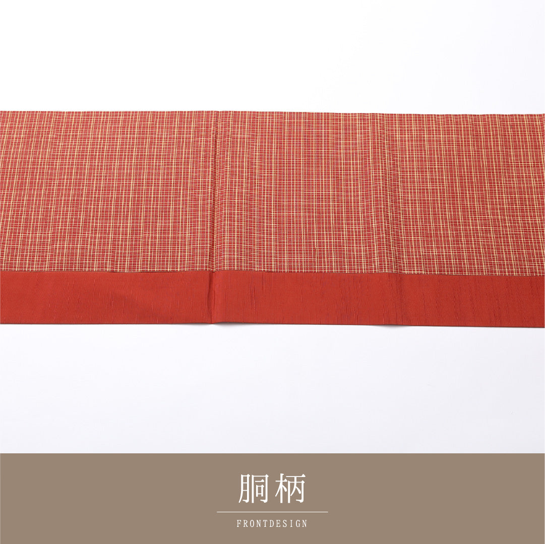 未使用品 九寸名古屋帯 Nランク 帯丈364cm 正絹 全通 開き仕立て 織り カジュアル しつけ糸 紬 創作柄 朱系 GP 1245-02498