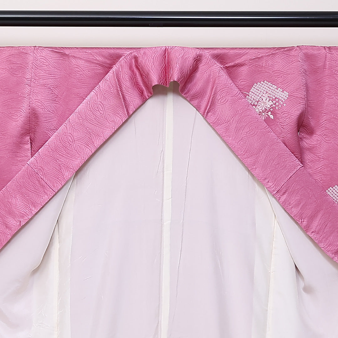 訪問着 袷 身丈156cm 裄64cm 正絹 扇子 部分絞り 菊 刺繍 Aランク 1212-00718