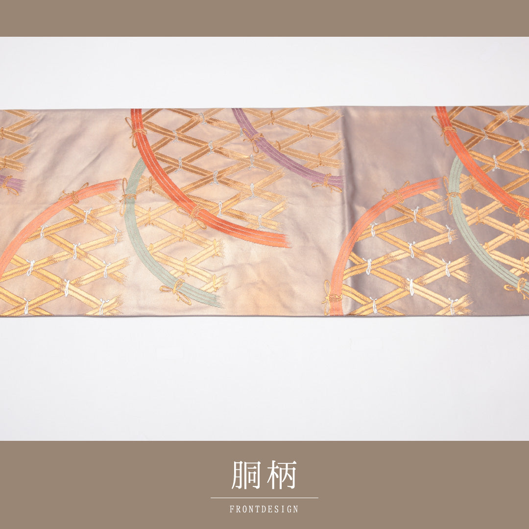 袋帯 帯丈430cm 六通 光悦垣 籠目 フォーマル 紫系 正絹 Sランク 1223-01213