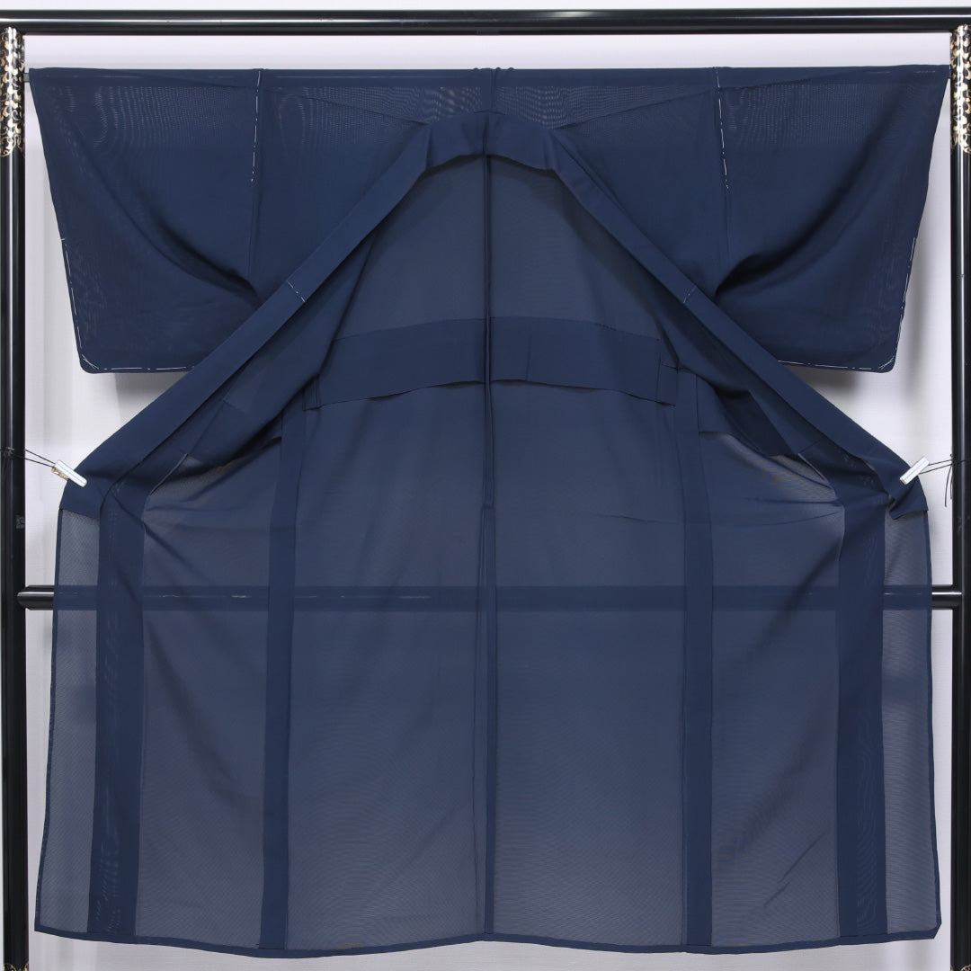 男着物 夏物 紗 身丈139cm 裄丈66cm 正絹 Sランク Sサイズ バチ衿 カジュアル 無地 紺系 1219-06289