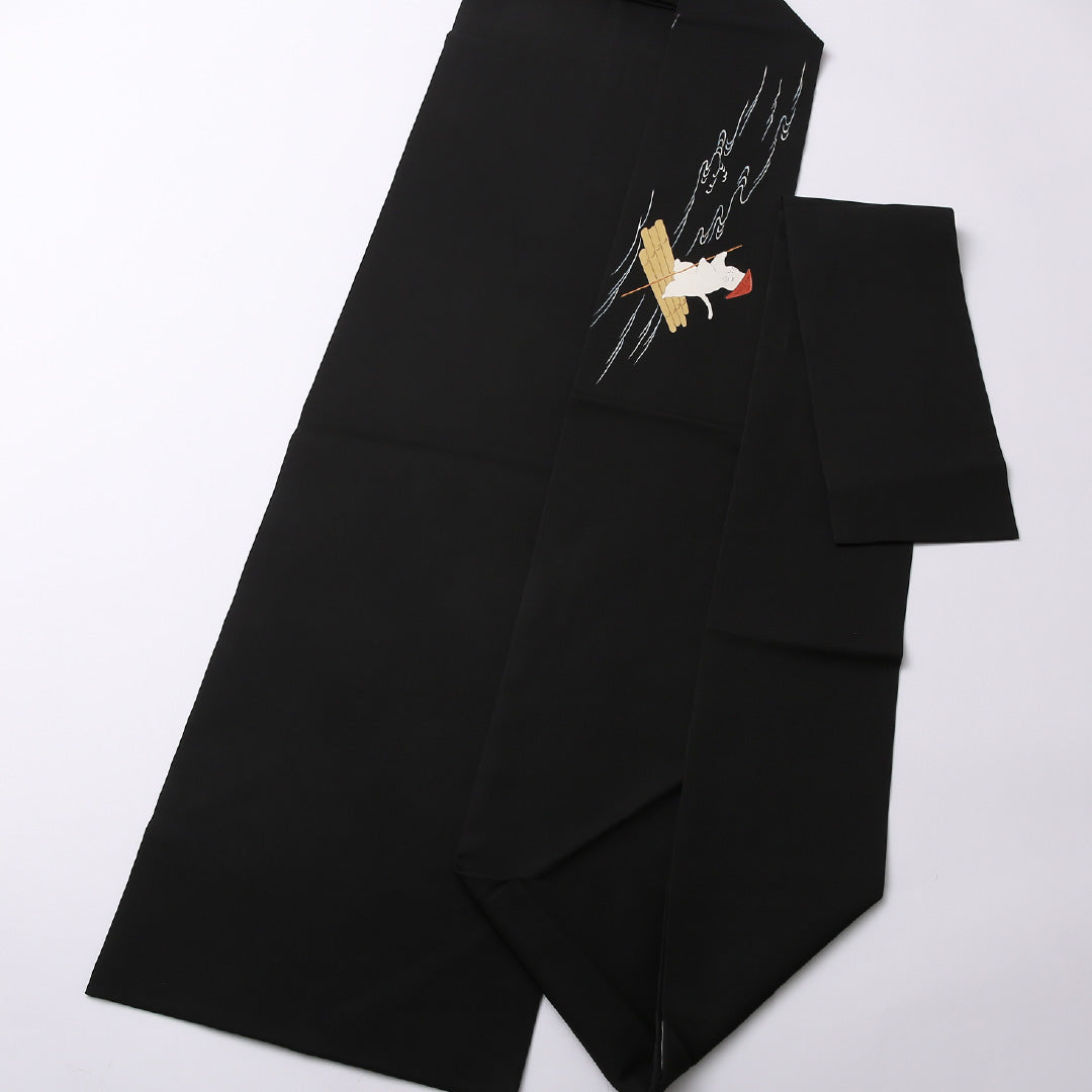 九寸名古屋帯 Aランク 帯丈362cm 正絹 ポイント柄 名古屋仕立て 染め カジュアル 塩瀬 猫 黒系 M4 1245-02566