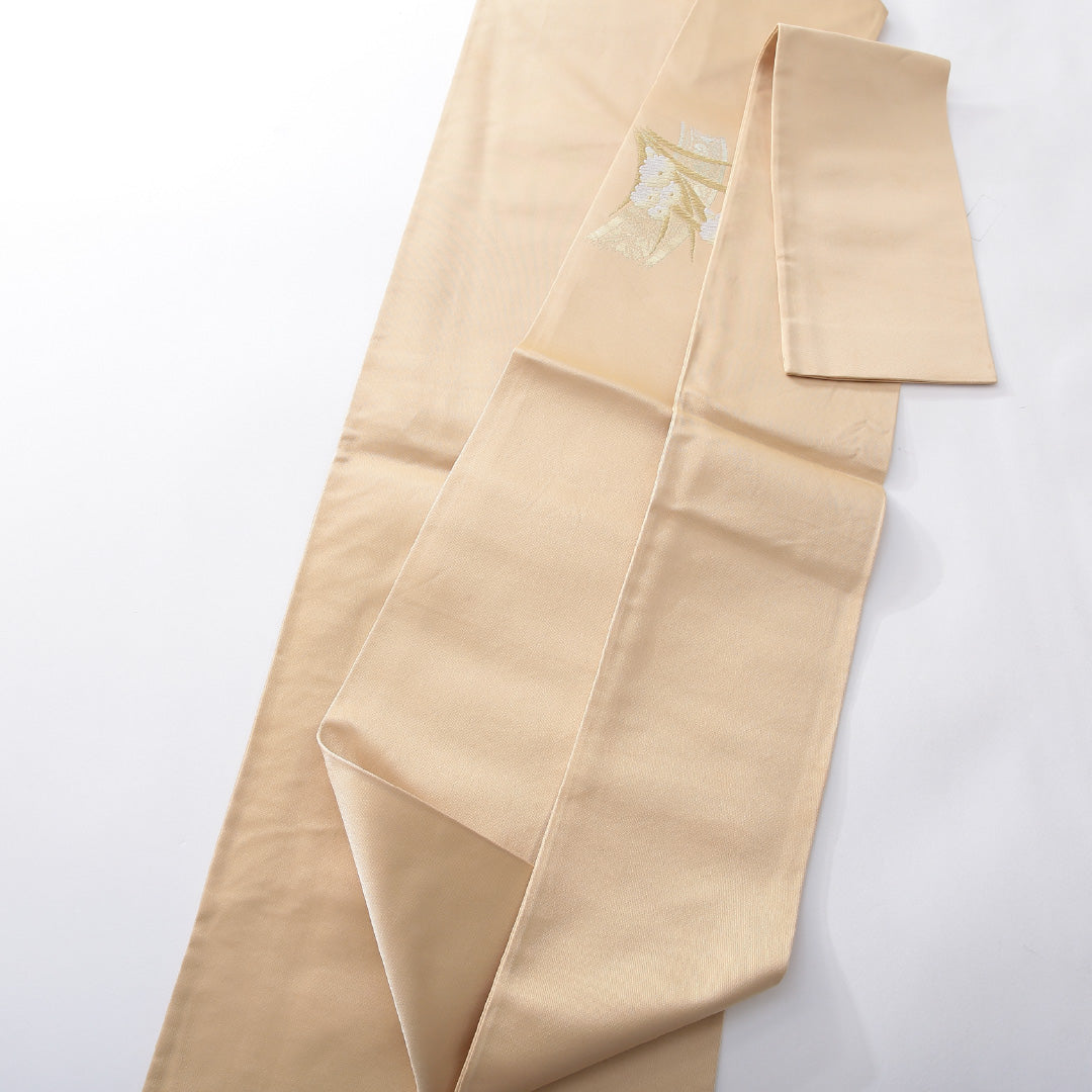 九寸名古屋帯 帯丈341cm セミフォーマル 名古屋仕立て ポイント柄 Aランク 正絹 花柄 ベージュ系 1224-03933