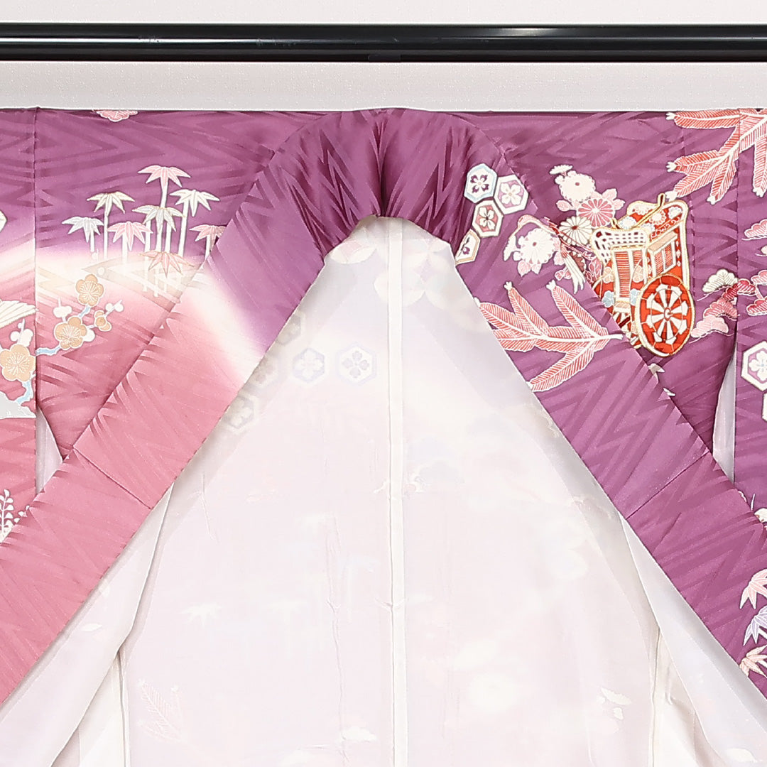 振袖 身丈173cm 裄丈69.5cm Sランク 正絹 袷 広衿 2XL 金駒刺繍 御所車 フォーマル 紫系 1213-F0516