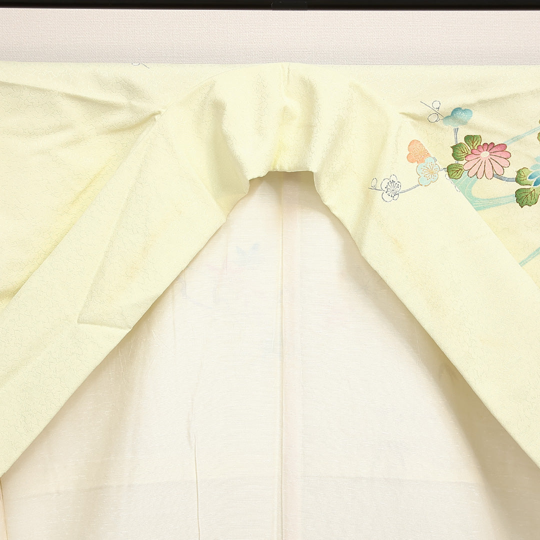 洗える着物 訪問着 袷 身丈158cm 裄丈61cm ポリエステル Cランク セミフォーマル 広衿 Mサイズ 金駒刺繍 扇 牡丹 黄系 LP 1217-14020