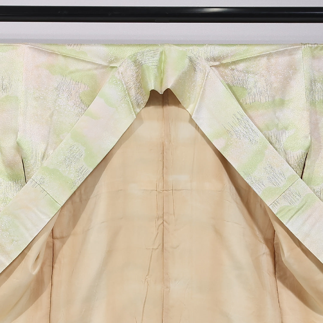 小紋 袷 身丈158cm 裄丈64cm 正絹 Aランク インフォーマル 広衿 Mサイズ 山 雲取り 緑系 HP 1221-11741