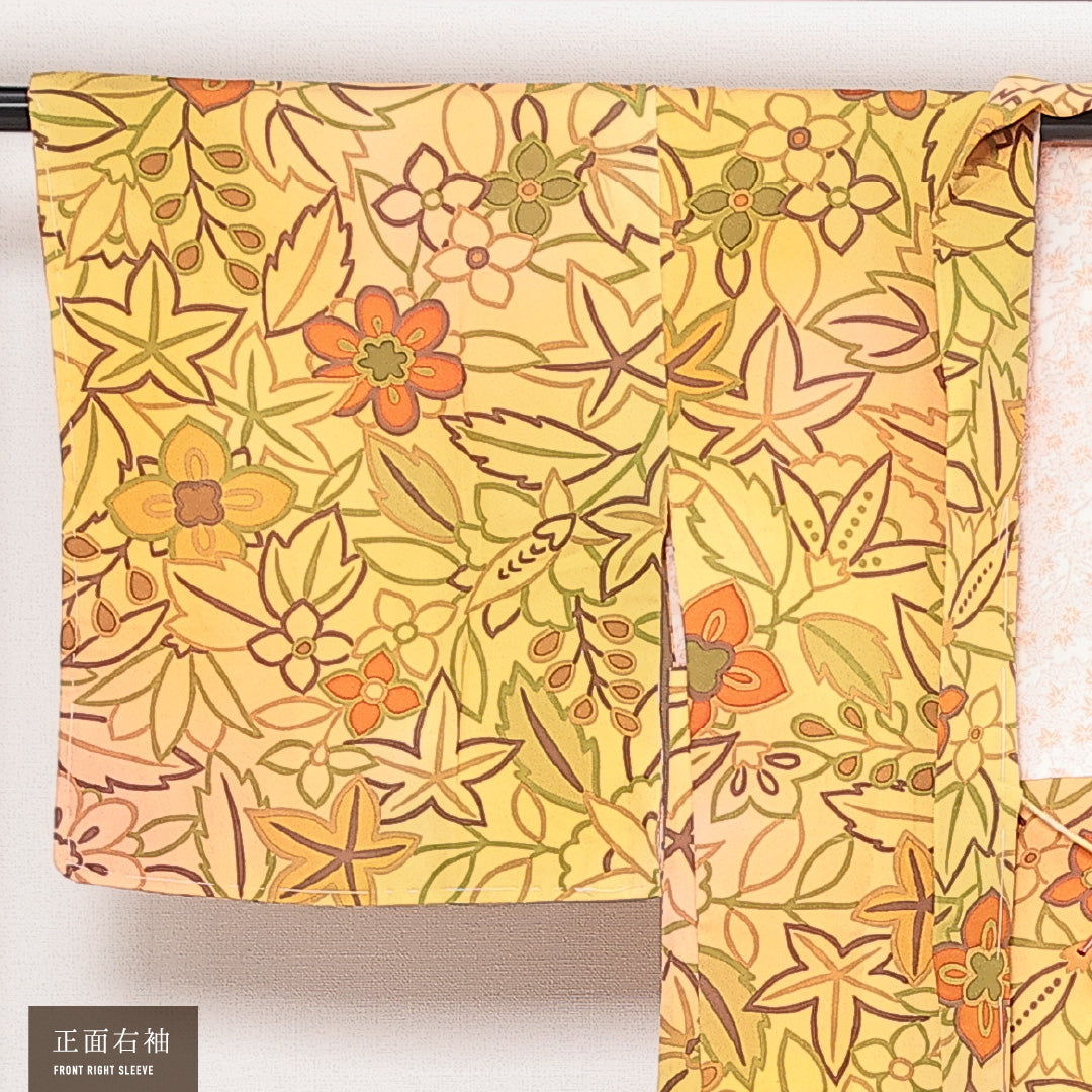 未使用品 羽織 袷 身丈81cm 裄丈64cm 正絹 Nランク カジュアル Mサイズ 紐あり しつけ糸 花柄 楓 黄系 RP 1232-13908