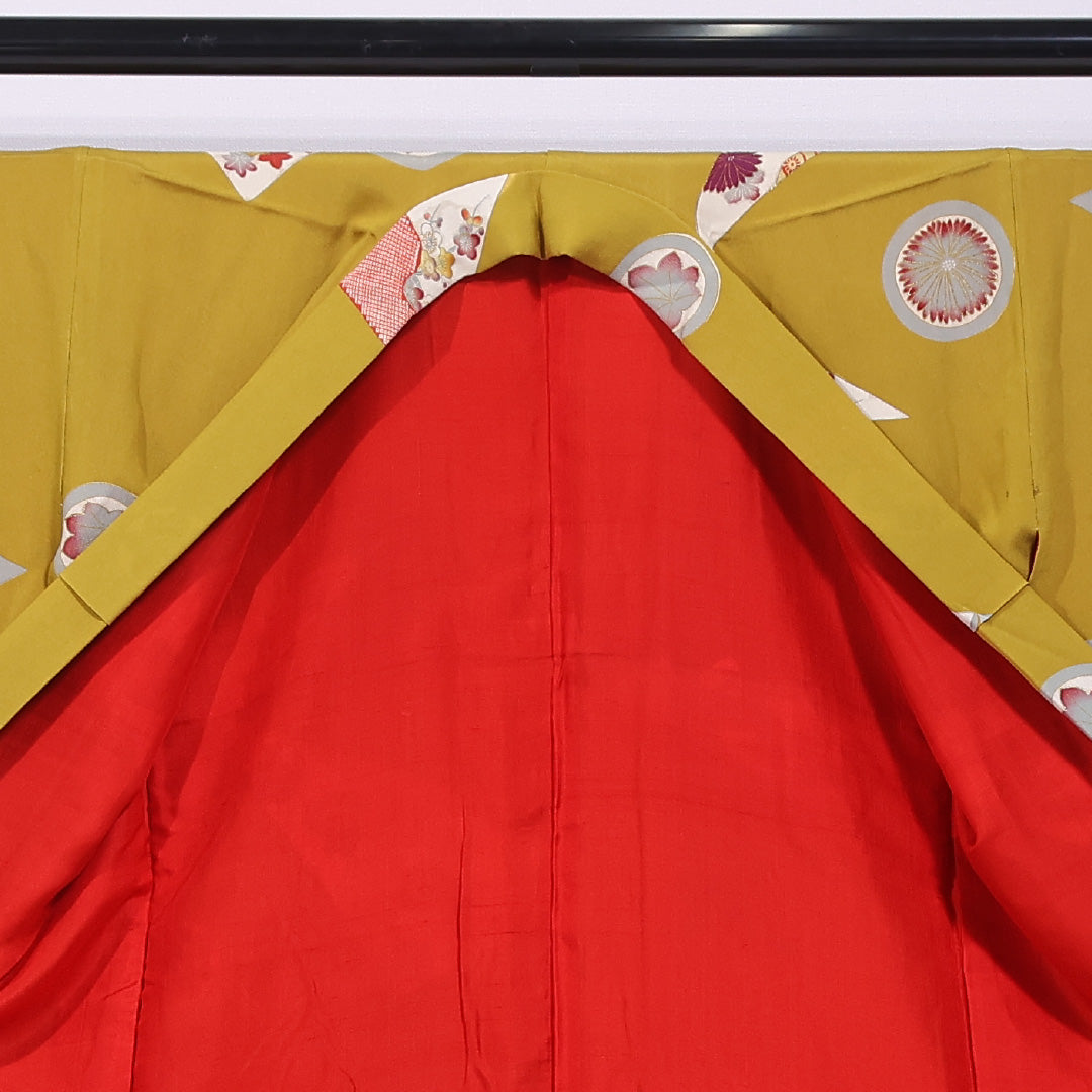 アンティーク 小紋 袷 身丈150cm 裄丈62cm 正絹 Bランク バチ衿 Sサイズ 花柄 紅葉 黄系 M4 1221-11787