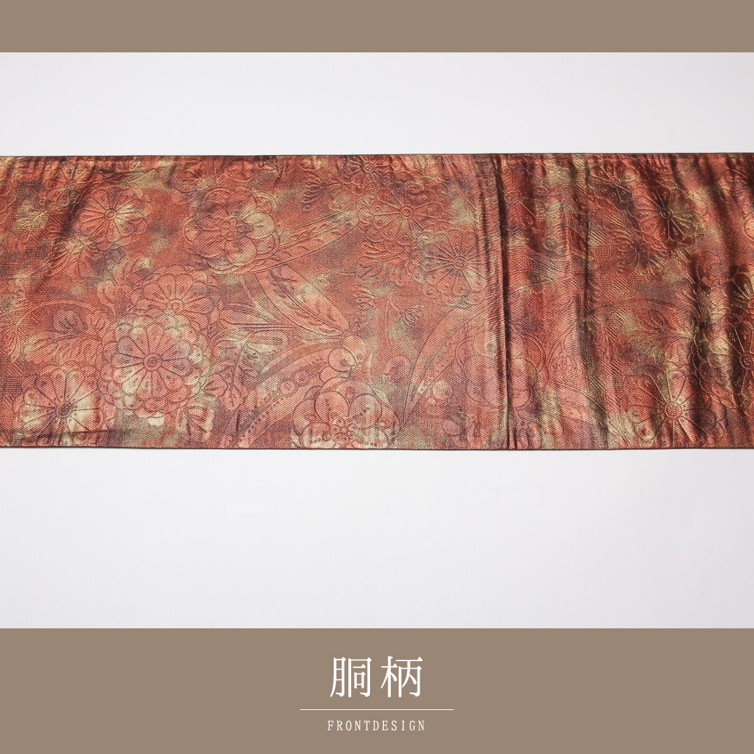 袋帯 帯丈430cm 正絹 六通 セミフォーマル 花柄 茶系 金系 1243-01215