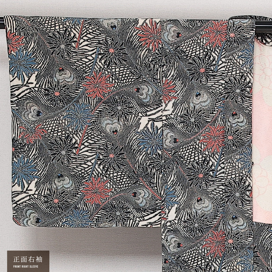 羽織 袷 身丈84cm 裄丈64cm 正絹 Aランク カジュアル Mサイズ 菊 孔雀の羽 グレー系 HP 1232-13882