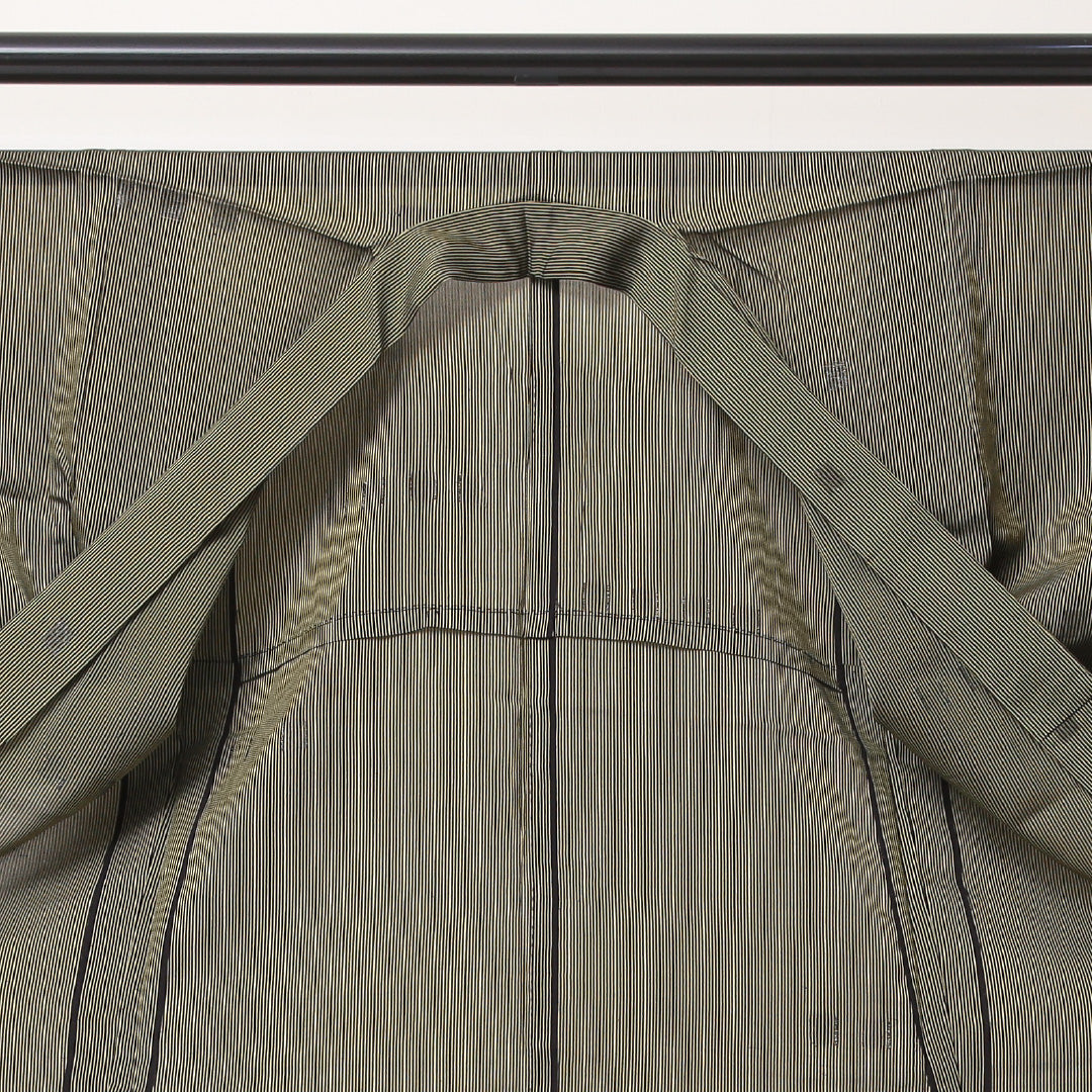 お召 夏物 夏物 身丈146cm 裄丈62cm 正絹 Aランク XSサイズ バチ衿 インフォーマル 縞 緑系 黄系 1265-02175