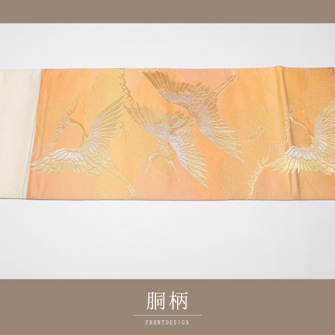 袋帯 帯丈412cm 六通 鶴 松 フォーマル 朱系 正絹 Aランク 1223-01325