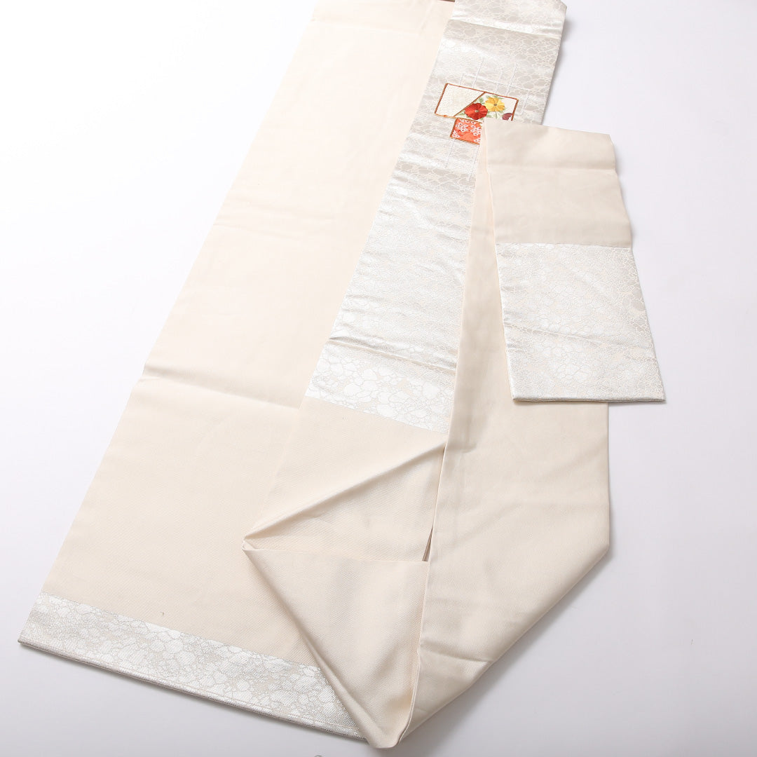 九寸名古屋帯 Aランク 帯丈344cm 正絹 ポイント柄 名古屋仕立て 織り セミフォーマル 菖蒲 菊 銀系 M4 1245-03066