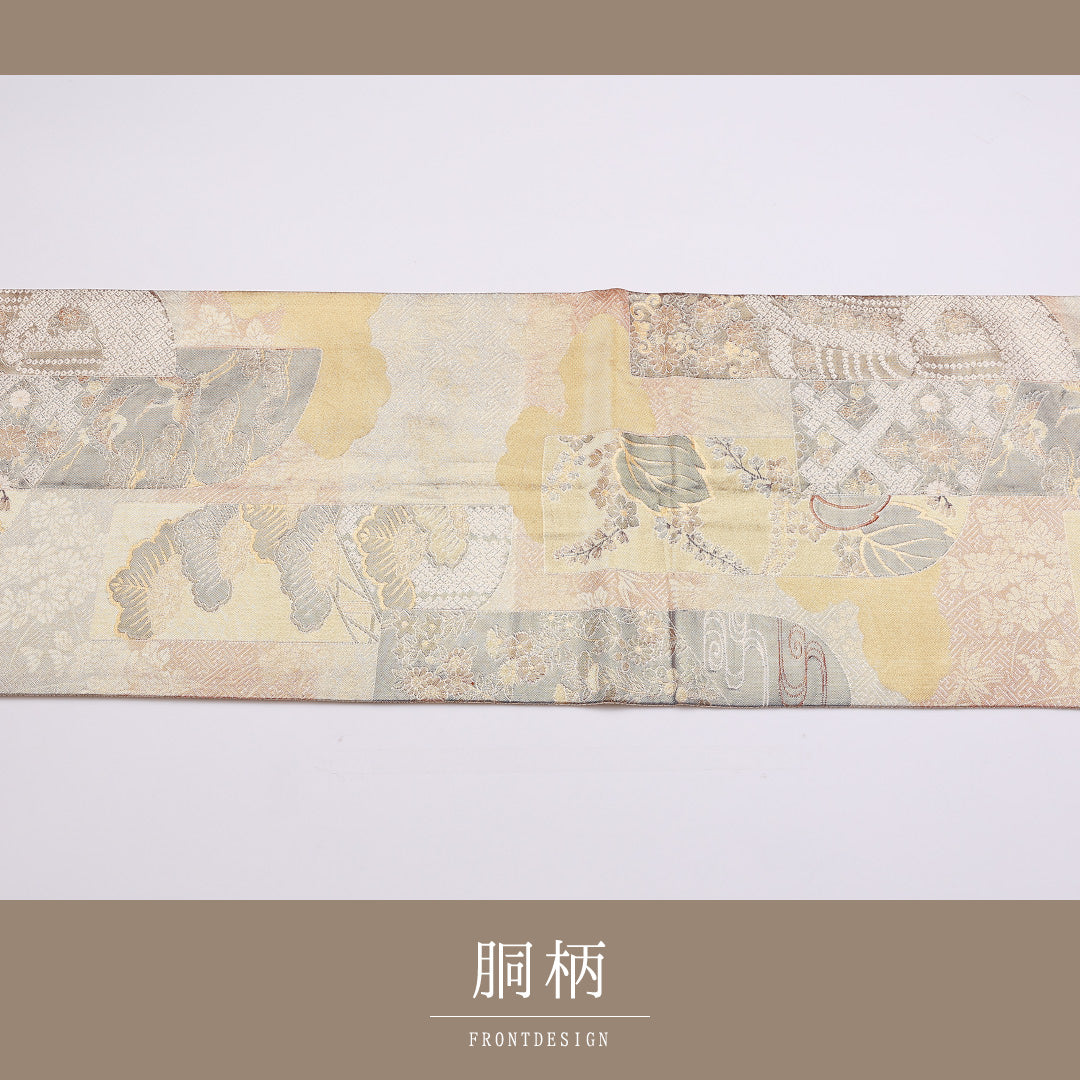 袋帯 帯丈424cm 六通 佐賀錦 桐 笠松 鶴 吉祥文様 セミフォーマル 金系 正絹 Aランク 1223-00888