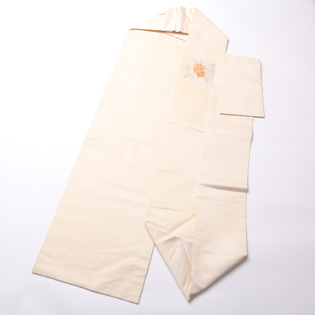 名古屋帯 ポイント柄 帯丈350cm セミフォーマル Cランク 正絹 椿 クリーム系 1224-02463