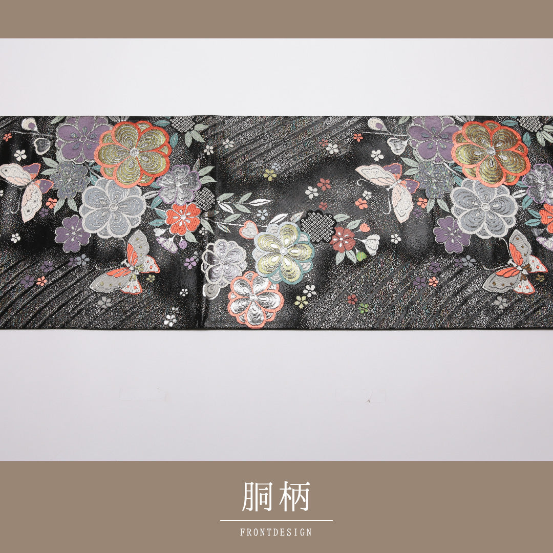 袋帯 帯丈432cm Sランク 六通 正絹 桜 蝶 黒系 蝶 1223-01370