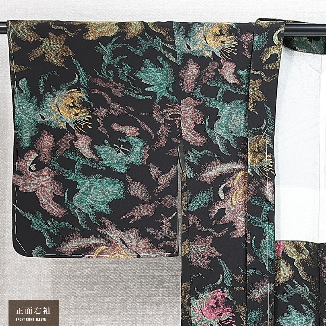 新古品 羽織（お召） 袷 身丈83cm 裄丈63cm 正絹 Nランク Sサイズ 一つ紋（蔦） セミフォーマル 花柄 漆糸 しつけ糸 黒系 多色系 1217-14848
