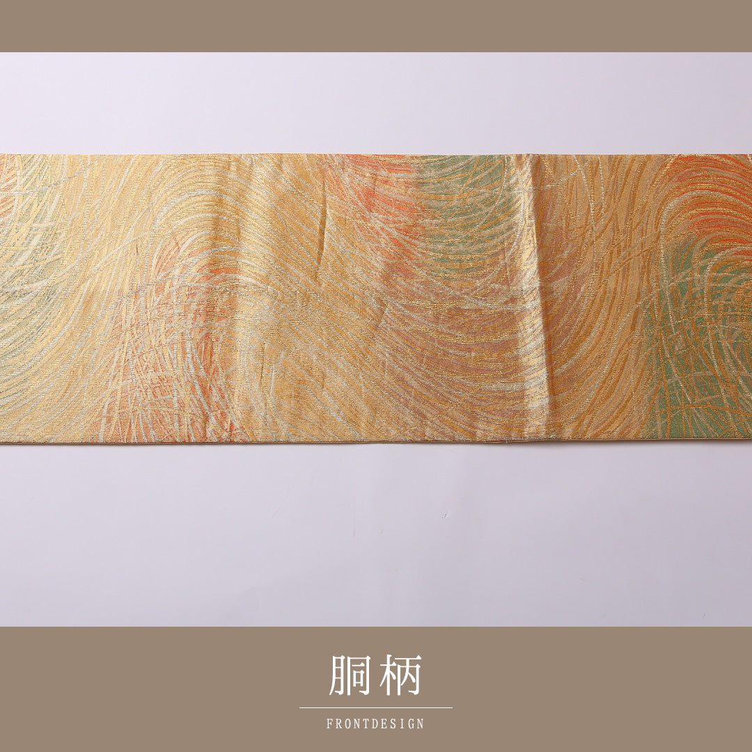 袋帯 帯丈444cm ポリエステル 六通 セミフォーマル 創作柄 金系 黄系 1243-01563