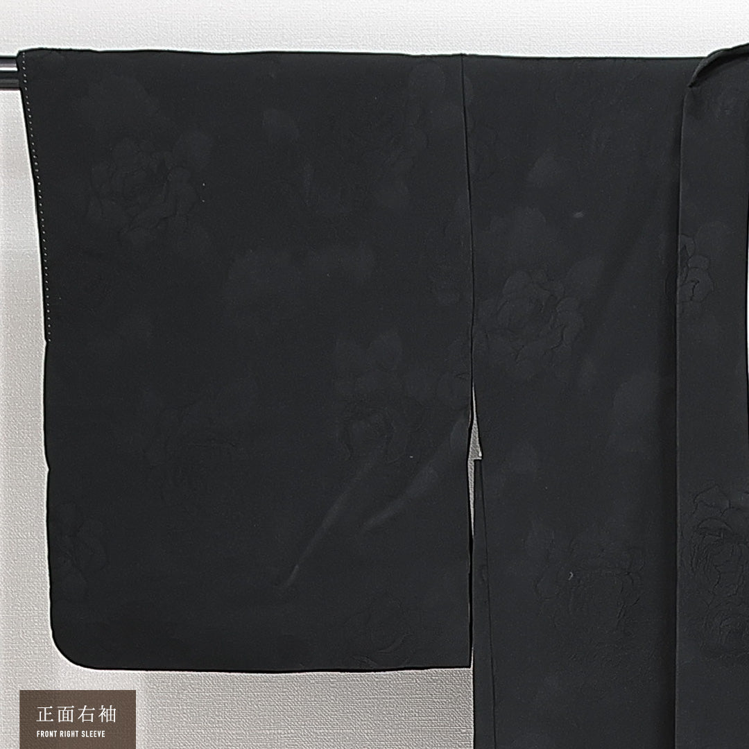 黒羽織 袷 身丈73cm 裄丈64cm 正絹 Aランク 一つ紋 (五三桐) 紋意匠 (薔薇) セミフォーマル Mサイズ 紐あり 黒系 RP 1233-14748