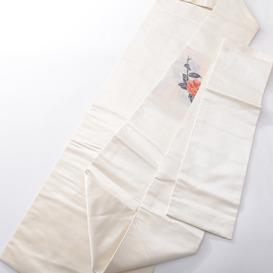 九寸名古屋帯 帯丈345cm セミフォーマル 名古屋仕立て ポイント柄 Cランク 正絹 椿 クリーム系 1224-03935