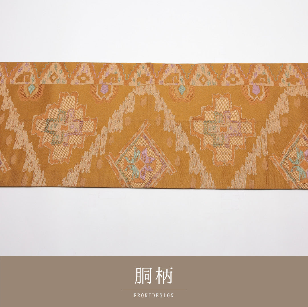 九寸名古屋帯 Aランク 帯丈376cm 正絹 全通 開き仕立て 織り カジュアル 創作柄 黄系 RP 1245-01944
