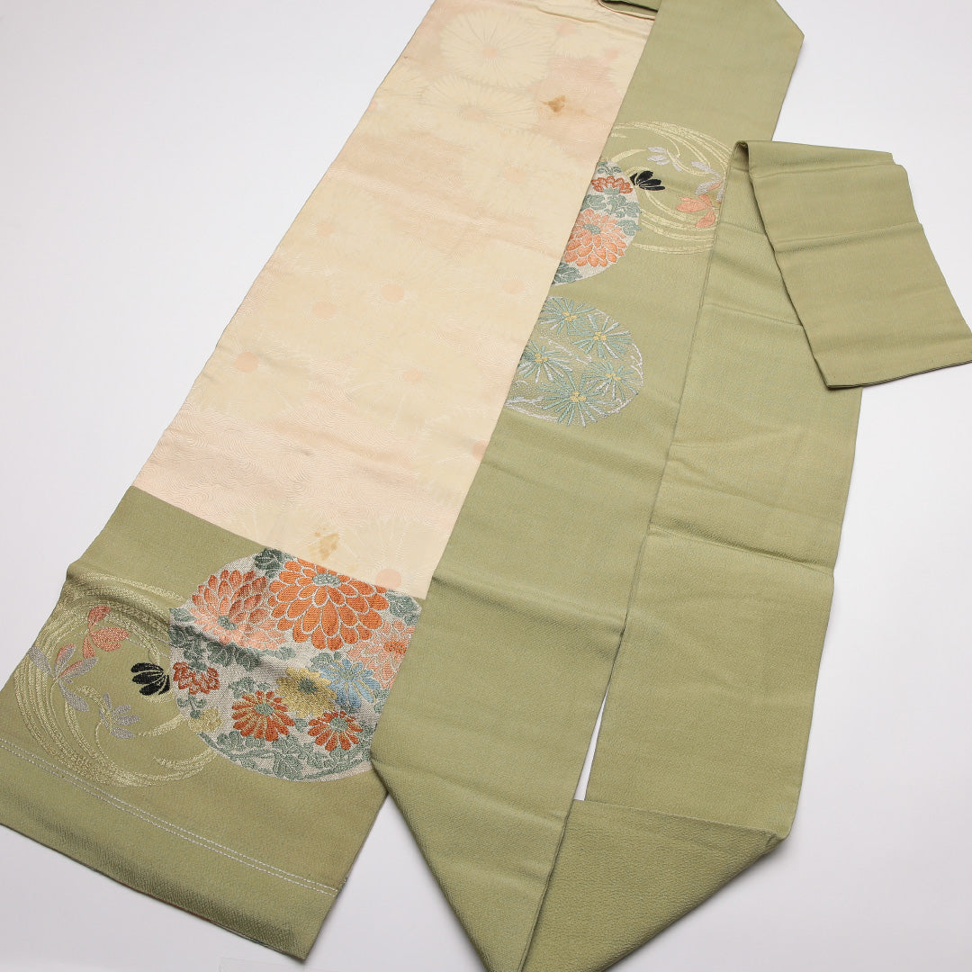 アンティーク 九寸名古屋帯 Cランク 帯丈334cm 正絹 六通 名古屋仕立て 染め ちりめん 菊 緑系 M4 1245-01794