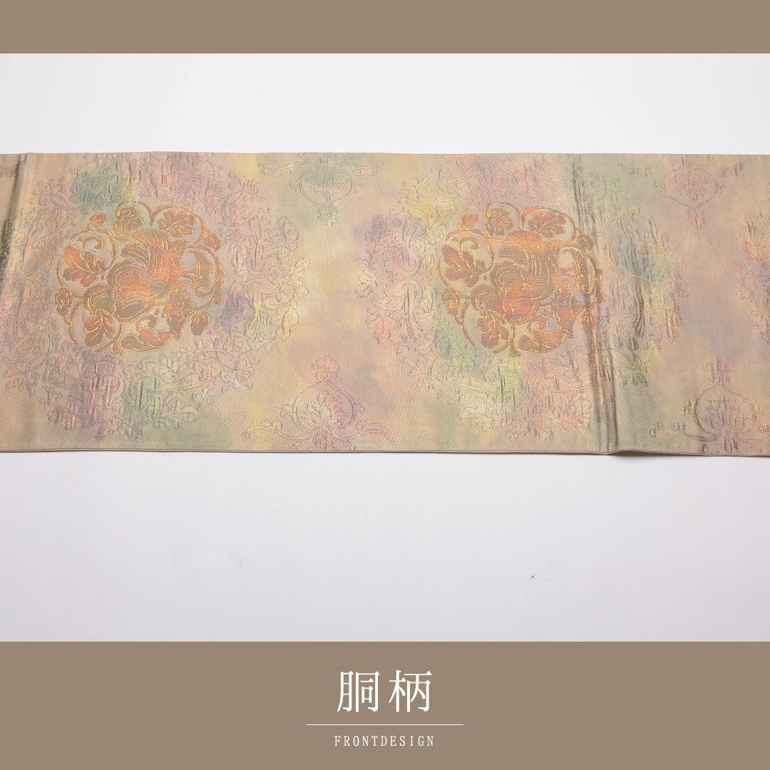 袋帯 帯丈434cm Sランク 全通 正絹 引箔 鳳凰 アラベスク セミフォーマル ベージュ系 鳳凰 1223-01396