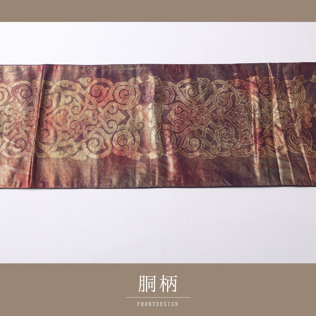 袋帯 帯丈432cm 正絹 六通 帯端のみ未仕立て セミフォーマル 唐草華文 証紙 紫系 1243-01506