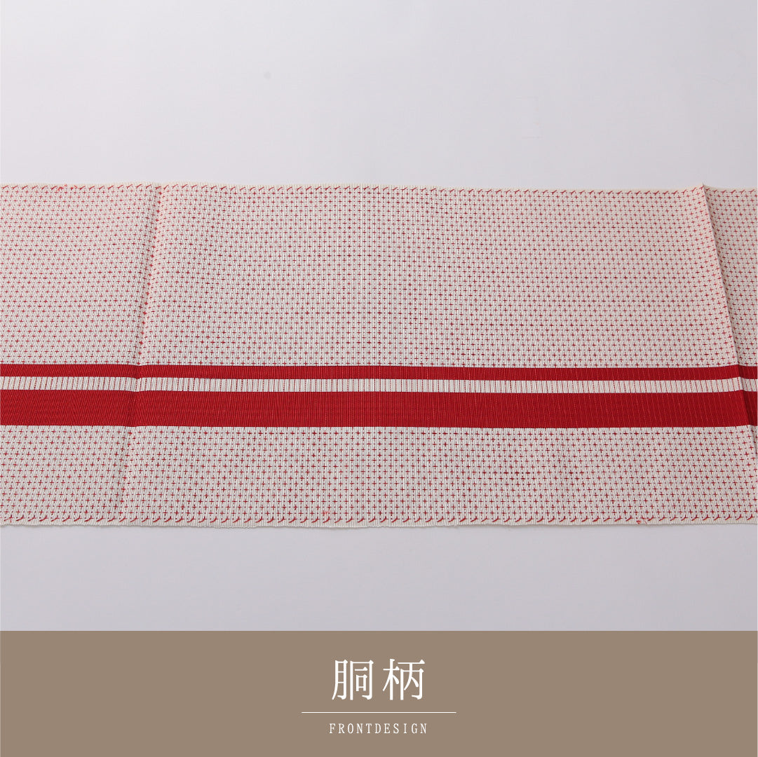 八寸名古屋帯 Sランク 帯丈396cm レーヨン 全通 開き仕立て 織り カジュアル 縞 十字絣 白系・赤系 LP 1245-03308