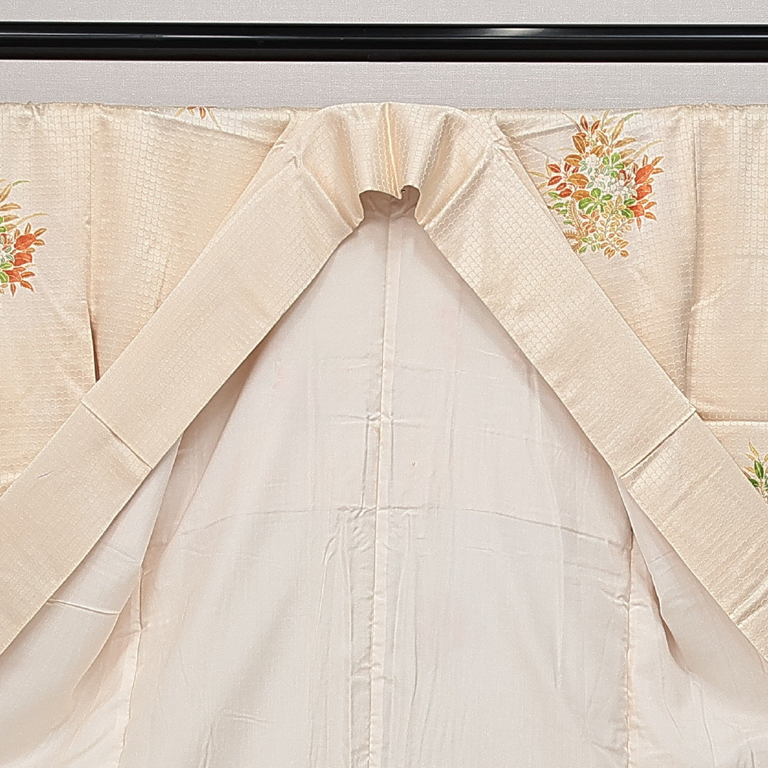 訪問着 袷 身丈153cm 裄丈61cm 正絹 Aランク セミフォーマル 広衿 Sサイズ 花柄 クリーム系 RP 1217-14245