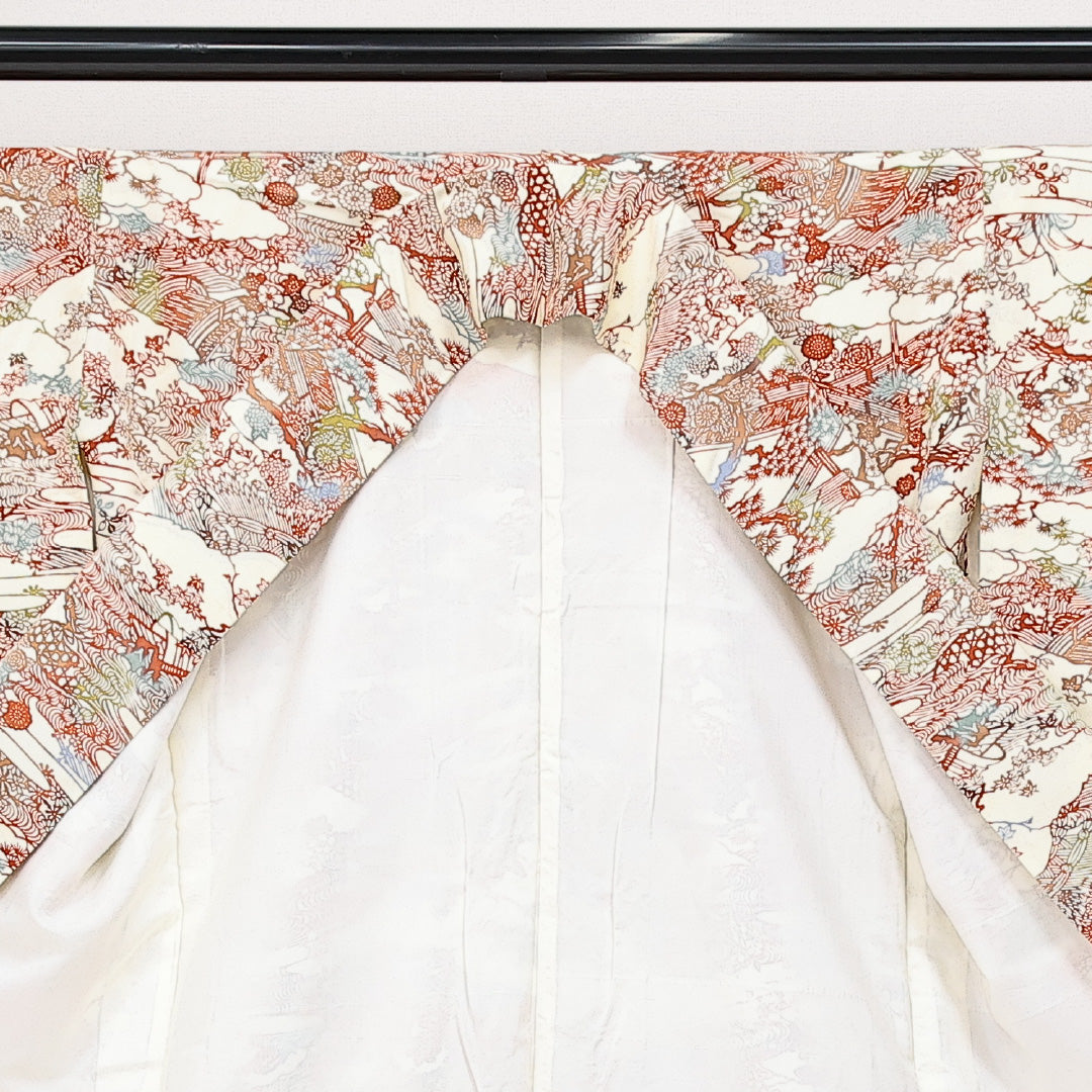 小紋 袷 身丈159cm 裄丈64cm 正絹 Cランク Mサイズ 広衿 インフォーマル 京紅型 御所解 クリーム系 1215-14597