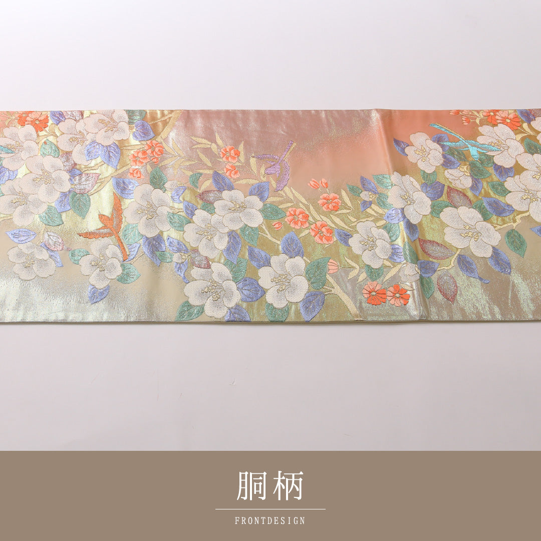 袋帯 帯丈424cm 六通 セミフォーマル Sランク 正絹 椿 写実的 気品 ピンク系 1223-01657