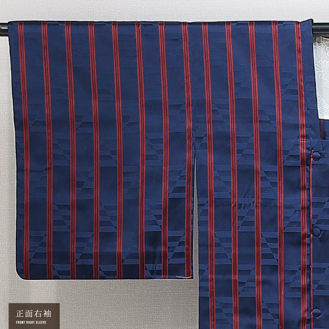 道行コート 袷 身丈128cm 裄丈63cm 正絹 Sランク セミフォーマル Sサイズ ポケットあり 縞 紺系 RP 1237-14841