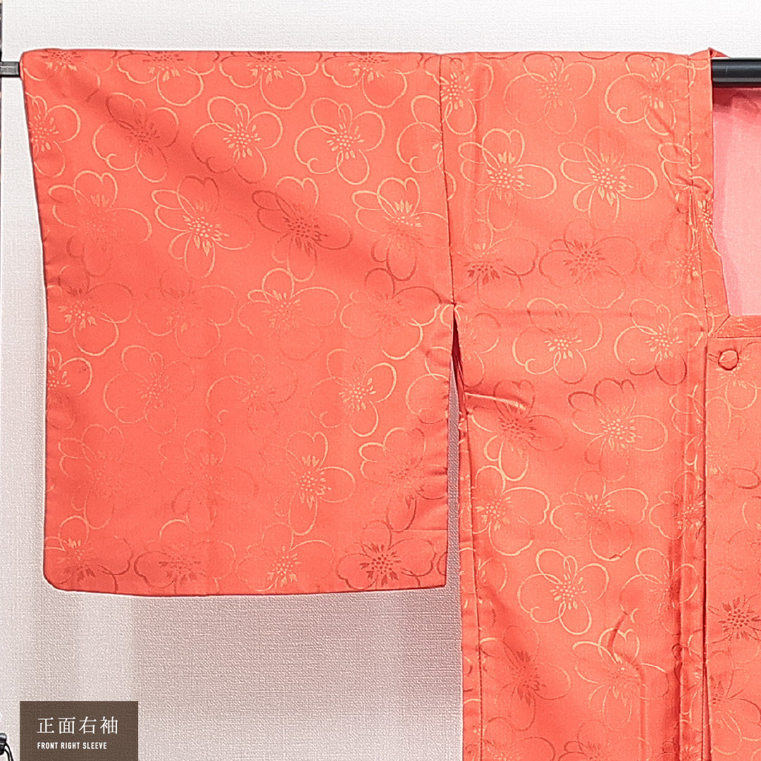 洗える着物 道行コート 袷 身丈83cm 裄丈65cm ポリエステル Sランク カジュアル Mサイズ ポケットあり 花柄 朱系 RP 1237-14849