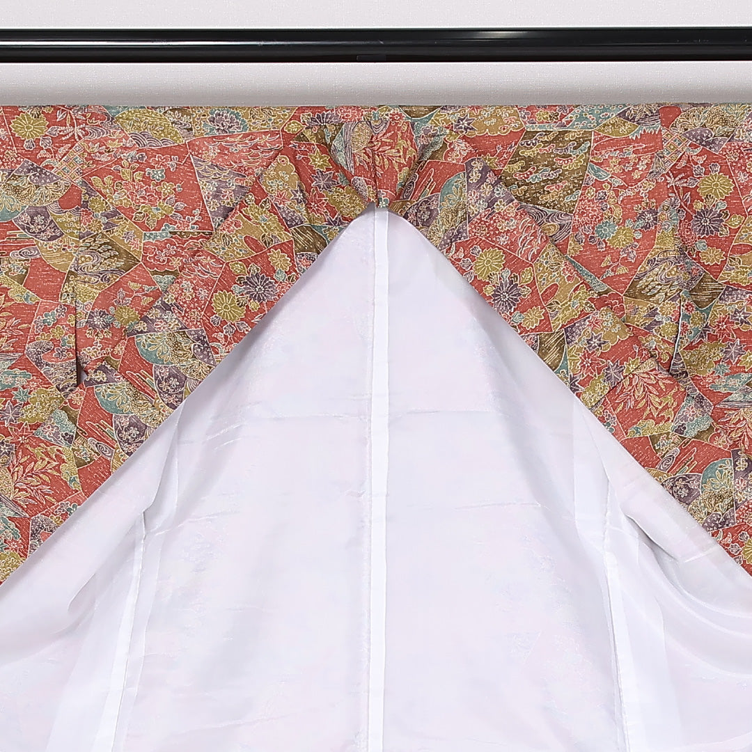 小紋 袷 身丈160cm 裄64cm 正絹 花柄 牡丹 松竹梅 赤系 Sランク 1215-02452
