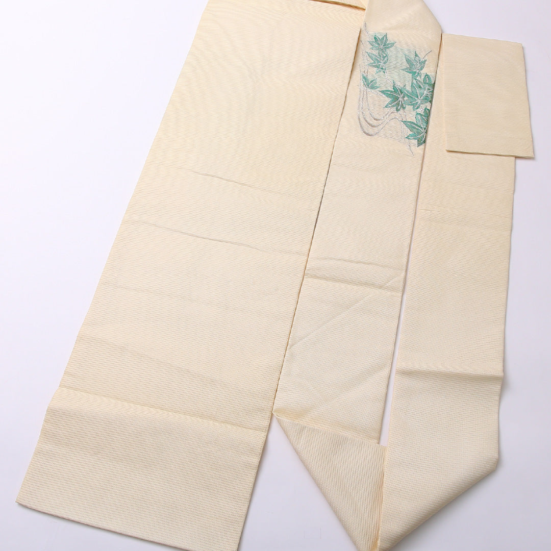 夏物 九寸 名古屋帯 帯丈361cm 名古屋仕立て ポイント柄 Aランク セミフォーマル 正絹 絽 楓 上品 爽やか クリーム系 1224-02755