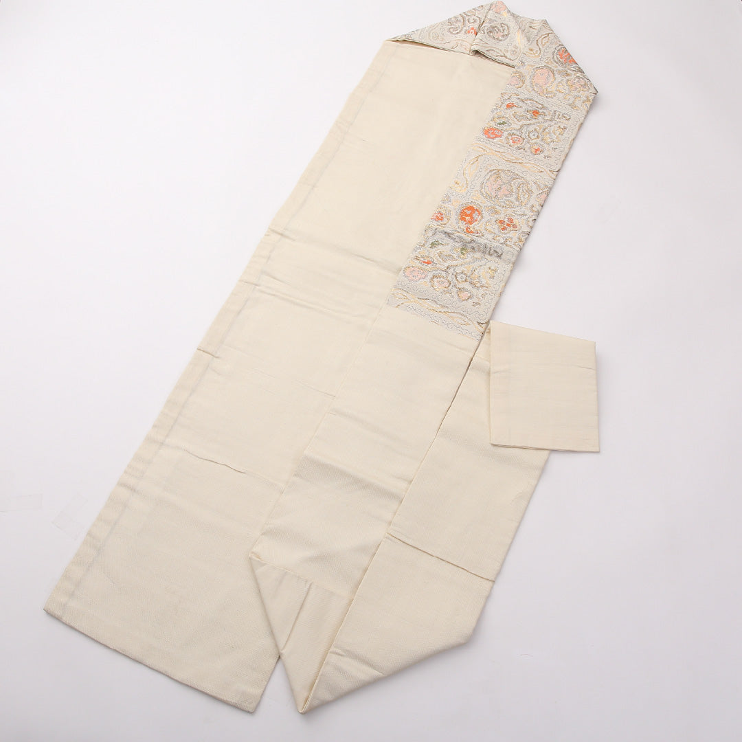 アンティーク 名古屋帯 六通 帯丈325cm Aランク 正絹 唐華 花柄 クリーム系 1224-02370
