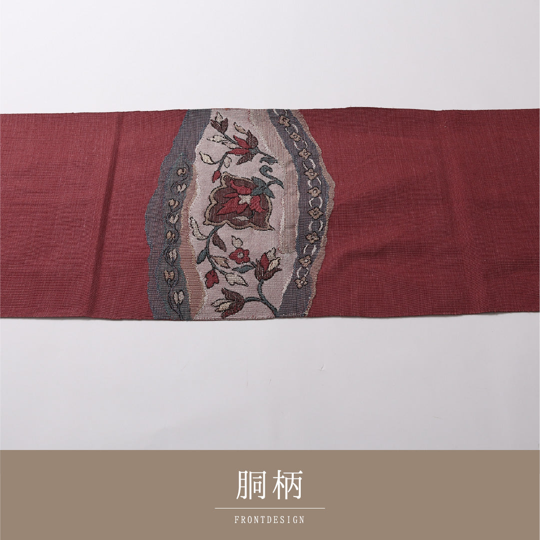 八寸名古屋帯 Sランク 帯丈348cm 正絹 ポイント柄 開き仕立て 織り カジュアル 紬 唐草華文 ピンク系 LP 1245-02885