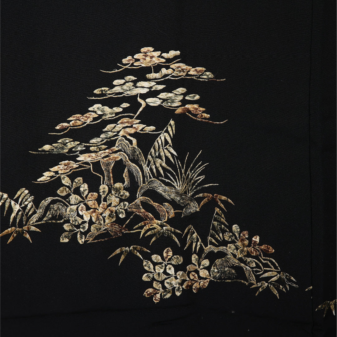 黒羽織 袷 身丈75cm 裄丈63cm 正絹 Cランク インフォーマル Sサイズ 紐あり 松 黒系 LP 1233-12926