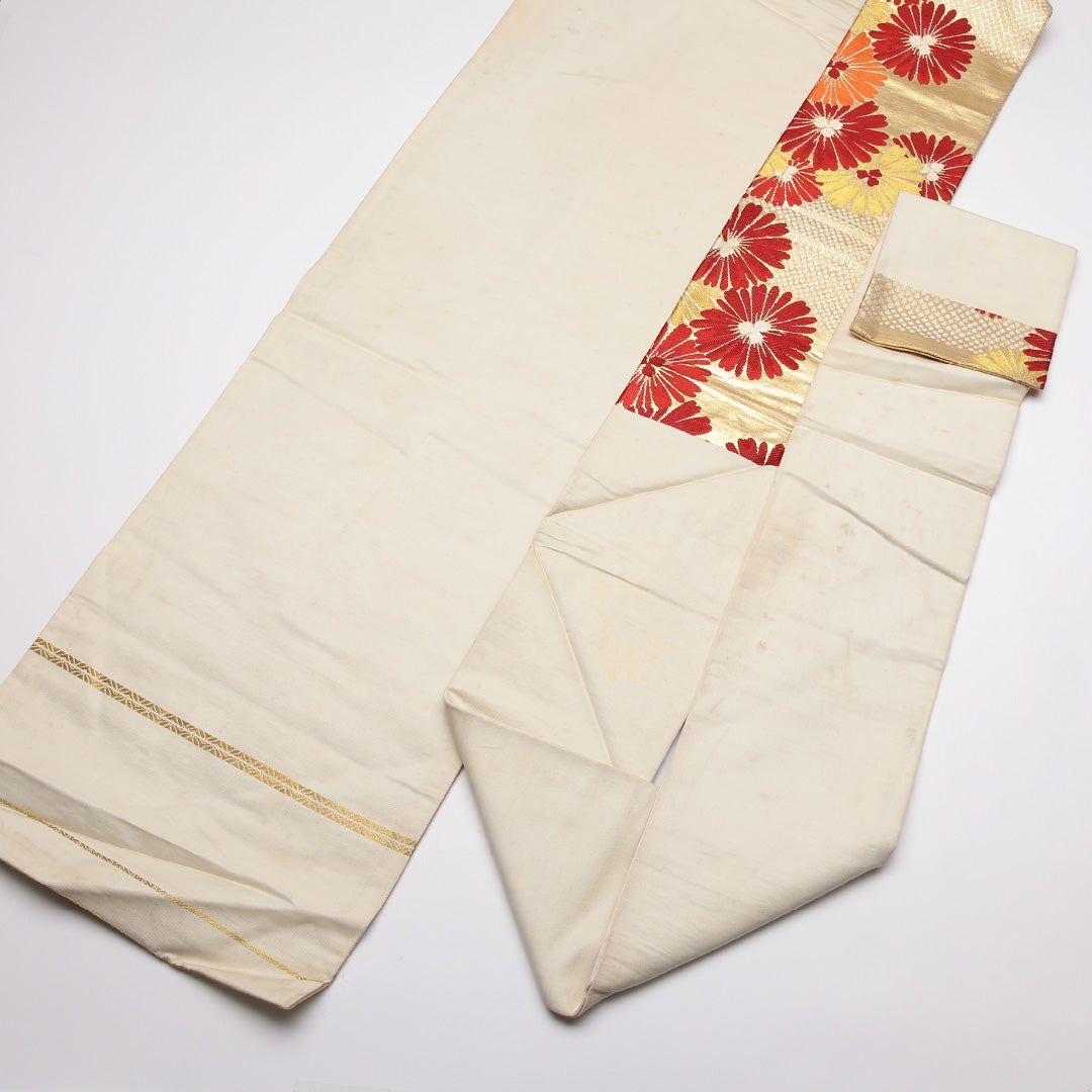 アンティーク 九寸名古屋帯 Bランク 帯丈322cm 正絹 六通 名古屋仕立て 織り 菊 金系 M4 1245-01790