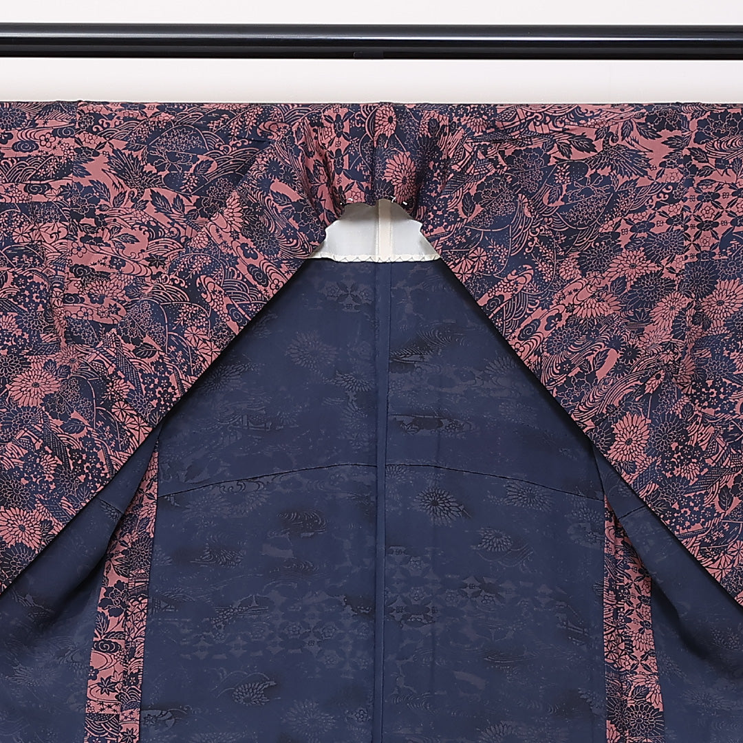 小紋 単衣 身丈160cm 裄65cm 正絹 阿波愛 藍染 作家物 紺系 ピンク系 落款 Aランク 1215-02429