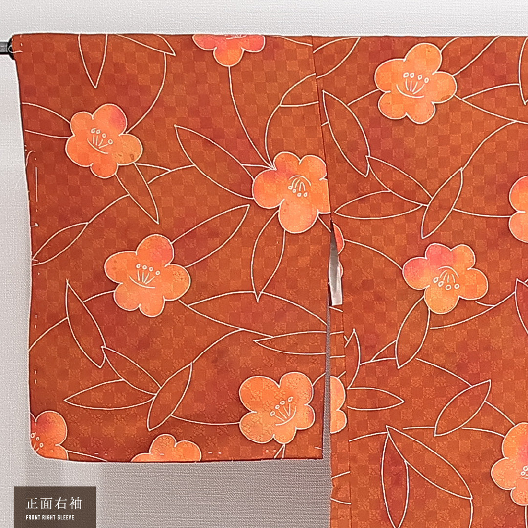 羽織 袷 身丈79cm 裄丈65cm 正絹 Sランク Mサイズ カジュアル 梅 ぼかし染 茶系 朱系 1217-14763