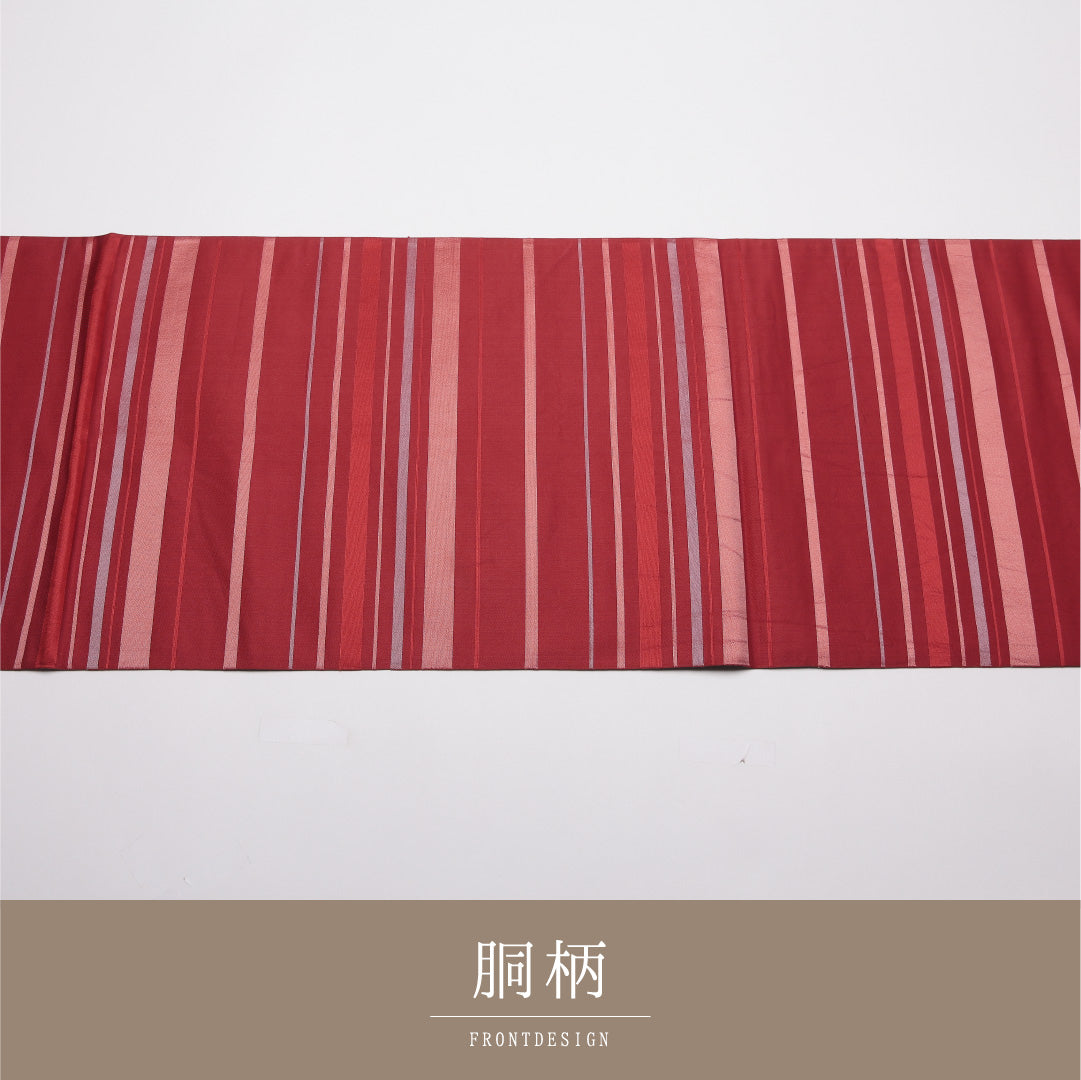 九寸名古屋帯 Sランク 帯丈346cm 正絹 六通 開き仕立て 織り カジュアル 縞 赤系 LP 1245-01784