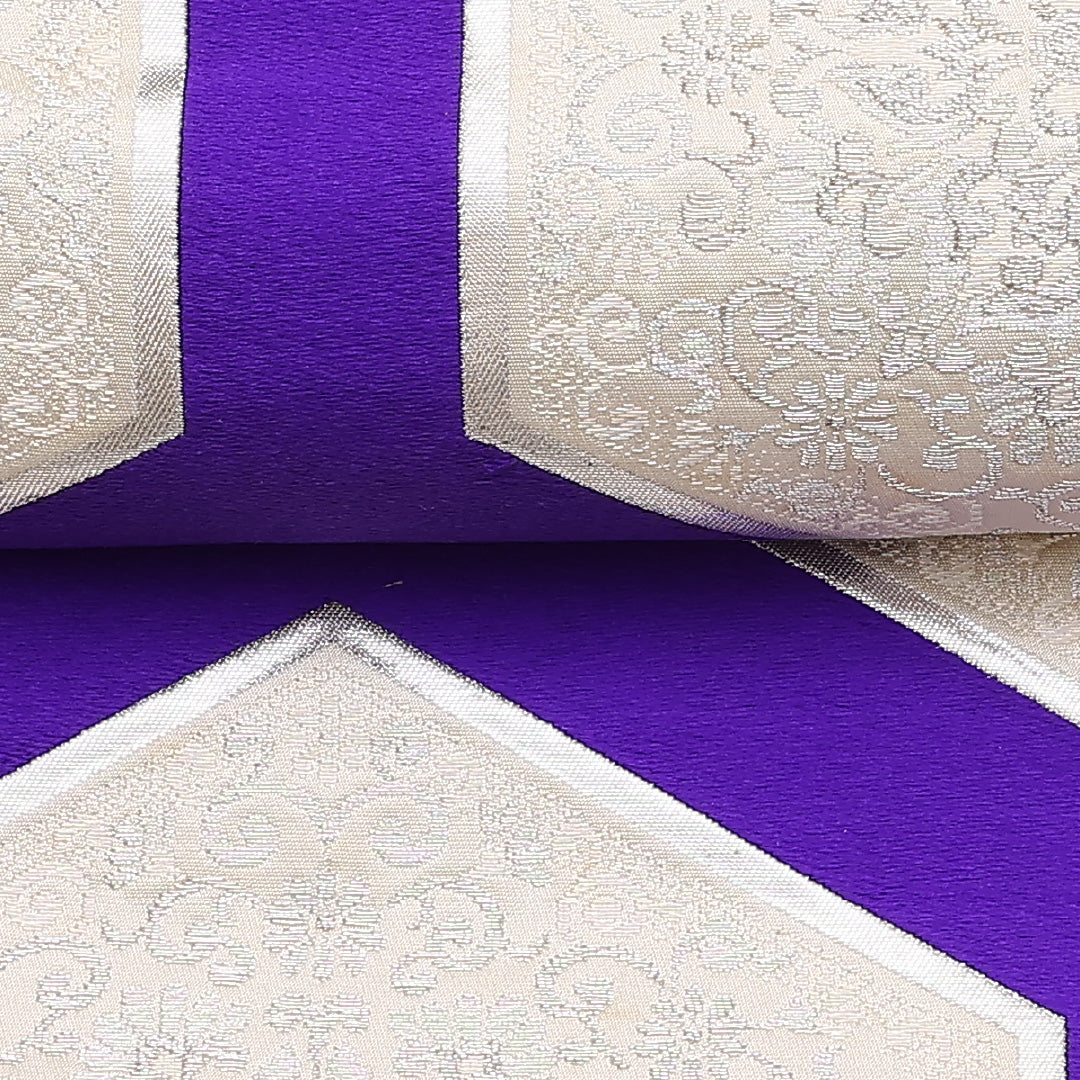 モダン 袋帯 帯丈420cm 六通 宝相華 亀甲 銀系 フォーマル 白系 正絹 Cランク 1223-00871