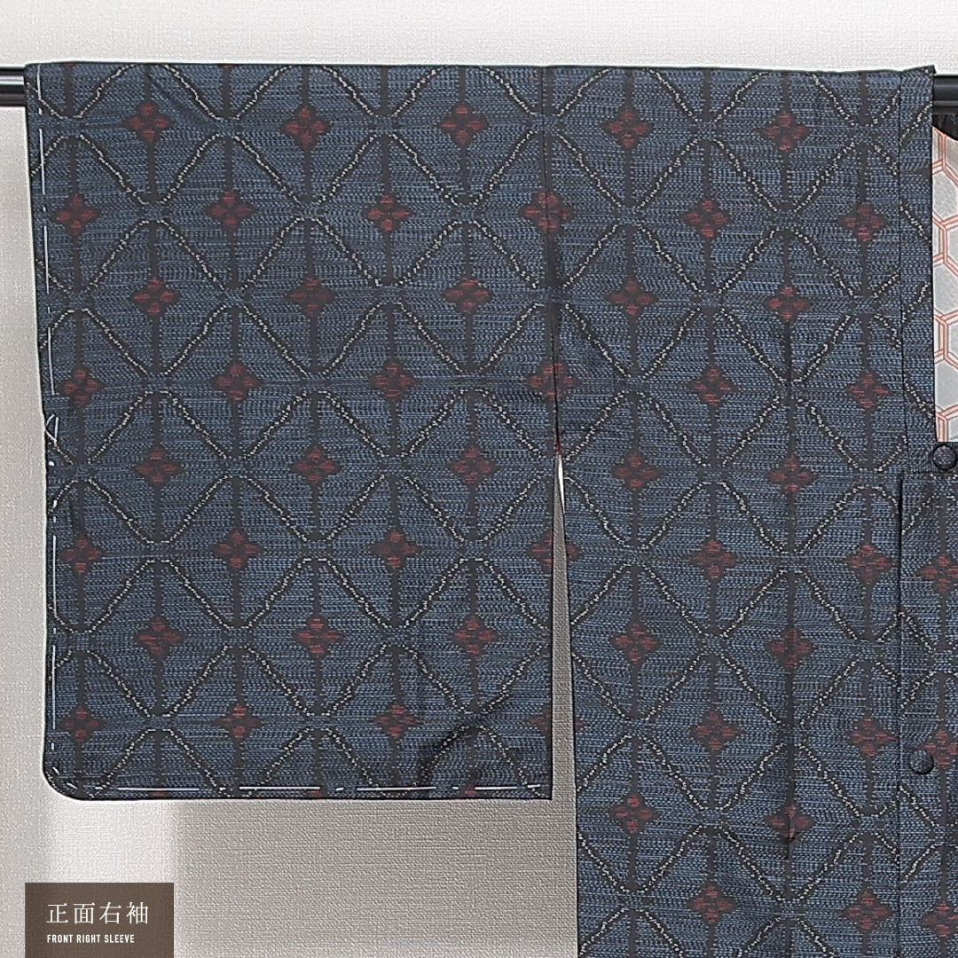 道行コート (村山大島紬) 袷 身丈88cm 裄丈65cm 正絹 Sランク セミフォーマル Mサイズ 緯総絣 ポケットあり 花菱 網目 紺系 RP 1237-14682