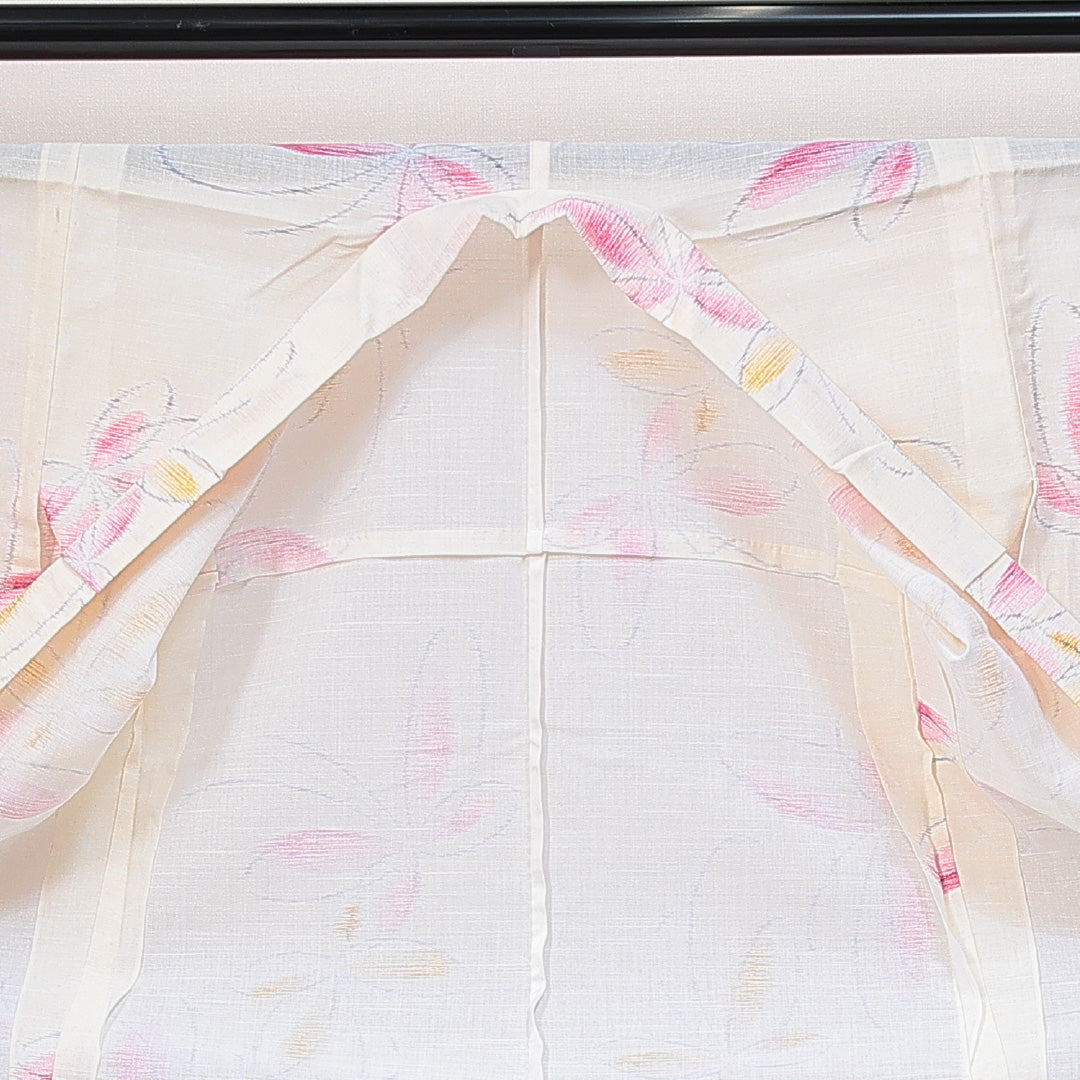 麻の紬 夏物 洗える着物 単衣 身丈152cm 裄丈62cm 麻 Sランク Sサイズ バチ衿 カジュアル 蝶 クリーム系 1216-14789