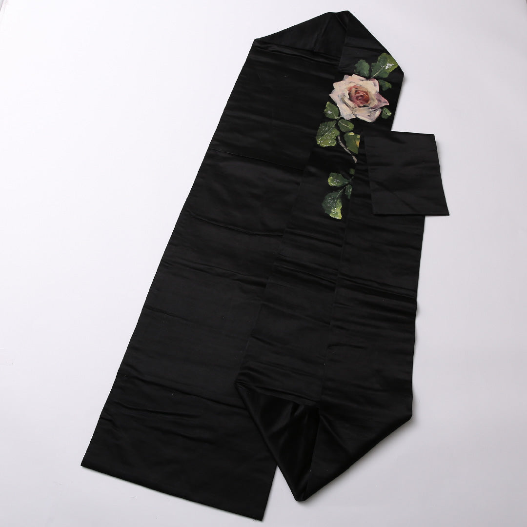 アンティーク 九寸名古屋帯 Aランク 帯丈324cm 正絹 ポイント柄 名古屋仕立て 染め ペンテ帯 薔薇 黒系 M4 1245-02698