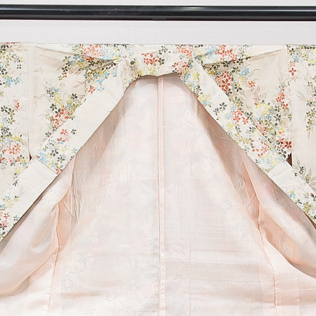 紬 袷 身丈162cm 裄丈64cm 正絹 Cランク カジュアル バチ衿 Lサイズ 花柄 クリーム系 LP 1223-15615