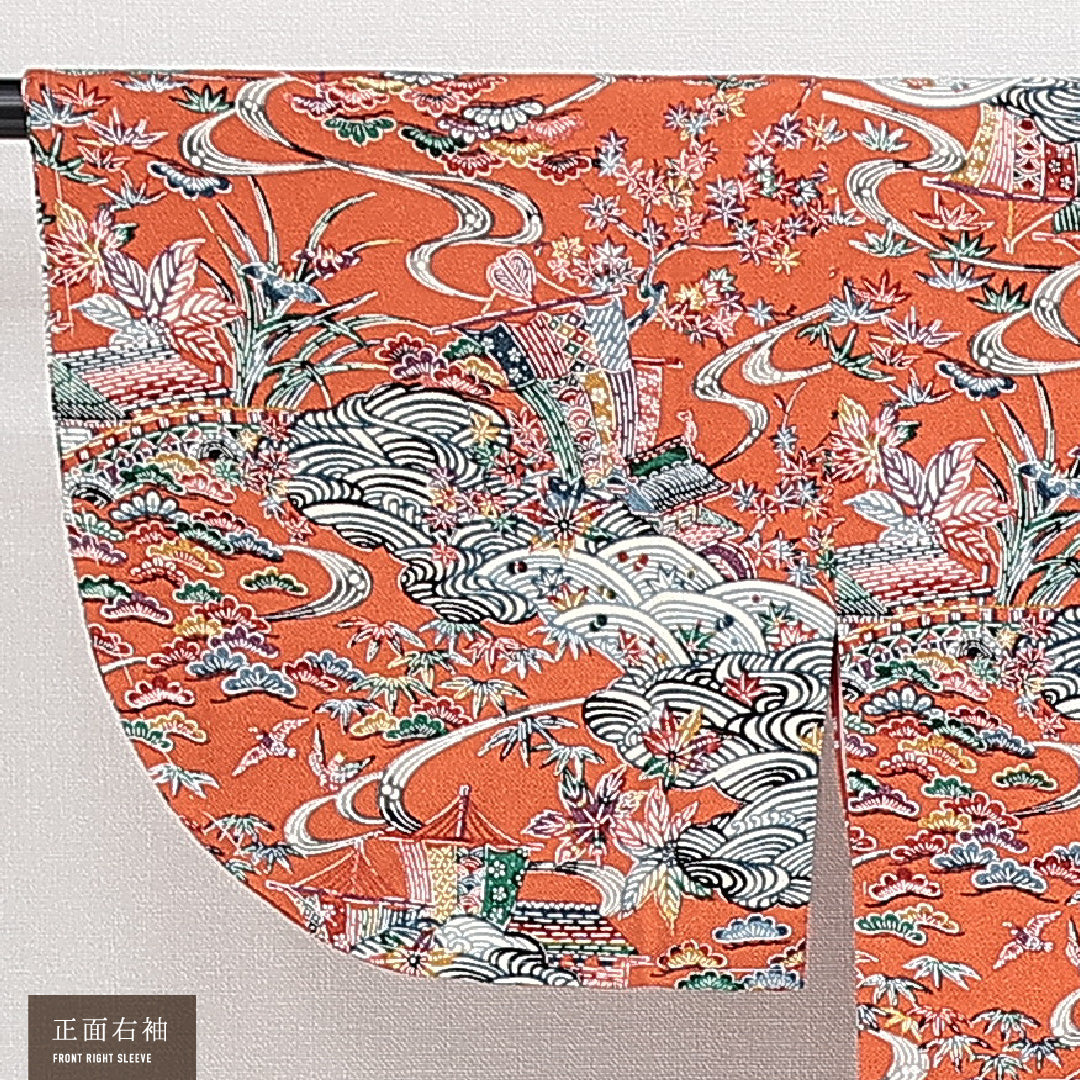 道中着 袷 身丈81cm 裄丈65cm 正絹 Sランク Mサイズ カジュアル ガード加工 紅型 ちりめん 吉祥文様 几帳 証紙 朱系 1264-14633