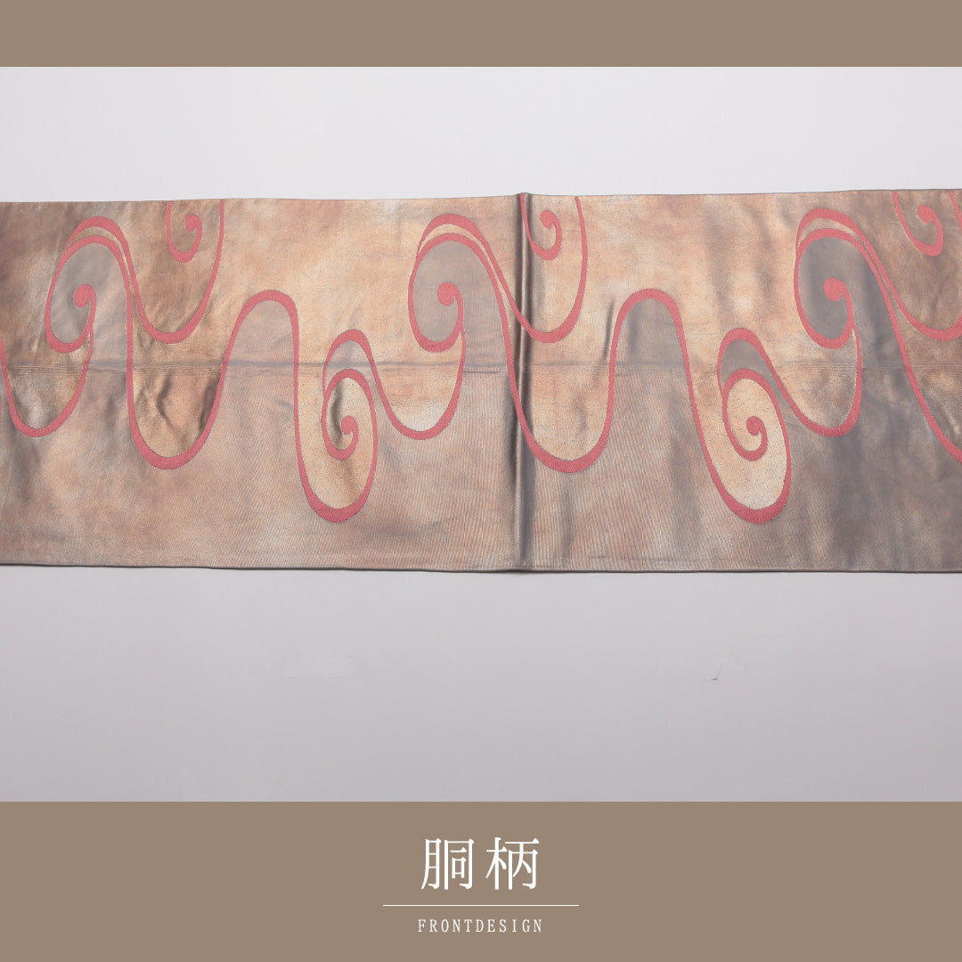 袋帯 帯丈428cm 正絹 六通 セミフォーマル 観世水 金系 クリーム系 1243-01348
